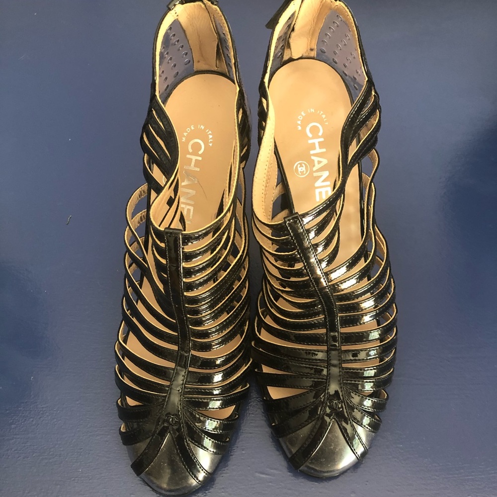 Chanel Black Patent Leather Strip Sandals